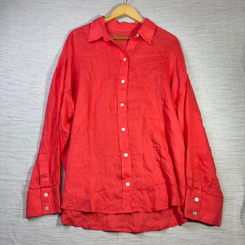 Lilly Pulitzer Coral Pink Orange 100% Linen Button Down Shirt XL High-Low Hem